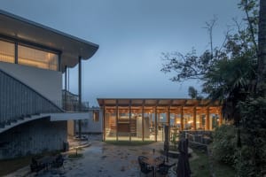 Modern residential exterior during winter with wooden framing and stone accents.