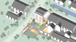 An illustration of an urban design featuring mixed materials.