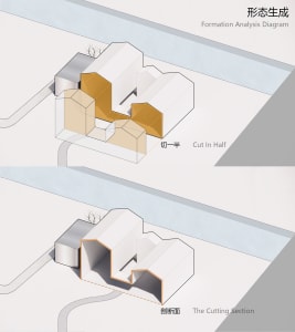 Architectural illustration depicting a minimalist floor plan with cross-section