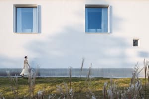 A minimalist residential exterior featuring concrete walls and potted plants.