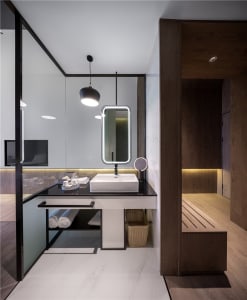 Modern bathroom with marble floor and wooden accents