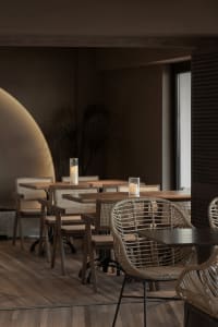 A cozy restaurant interior featuring wooden tables with woven accents, warm lighting, and potted plants