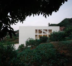 A modern white residential home exterior with large windows and greenery surrounding it.
