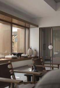 Modern minimalist living room with wooden furniture and natural light.