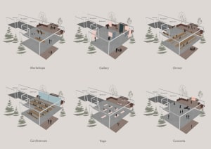 Six 3D architectural renderings of a building showing different functional zones such as workshops, gallery, dinner, conferen