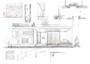 Sketch of a modern interior design featuring a combination of interior and landscape elements.
