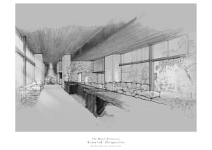 Modern hotel entry with wood and glass features.