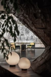 Modern lobby interior with concrete and marble materials