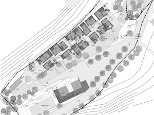 Detailed architectural blueprint of a modern residential property with multiple buildings and landscaping.
