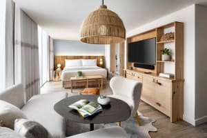 A modern hotel room featuring a bed, a television, a sofa, and wooden furniture.