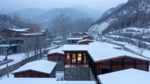 Modern house with snow-covered roof in a mountainous winter landscape.