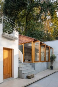A minimalist house exterior featuring wooden accents, concrete steps, and large glass windows surrounded by trees.
