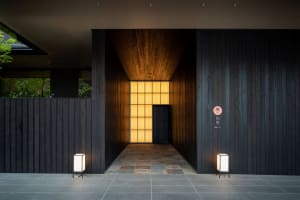 An entrance lobby with dark wooden walls and a glowing light fixture, set in a modern interior design style.