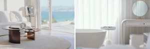 An image featuring minimalist residential spaces with marble and glass materials.