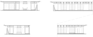 A technical drawing of a modern interior space with white structural elements such as columns, beams, and floors.