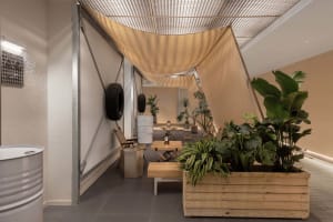 Industrial-style cafe interior featuring wooden planters, concrete furniture, and exposed concrete walls.