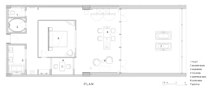 Floor plan of a minimalist bedroom with a double bed, nightstand, and lamp in a rectangular room with white walls and a white