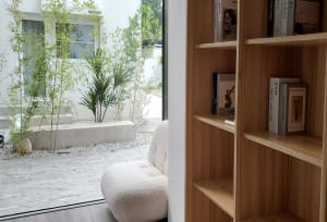 Minimalist living space with indoor and outdoor elements, including plants and natural light.