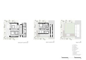 Modern residential floor plans showing ground and first floors with various rooms and terraces.