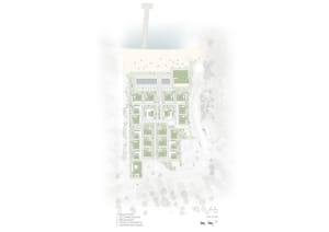 A detailed architectural site plan showing the layout of a residential area with various buildings and landscaping elements.