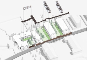 3D architectural drawing of an industrial-style building with brick and concrete materials.