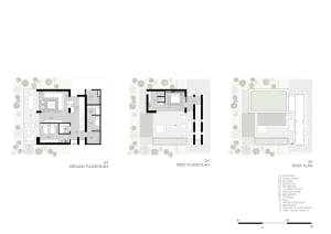 Floor plan of a modern residential building showing ground floor, first floor, and roof plans.
