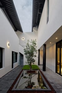A modern interior space featuring a concrete garden with a small tree and a pond, surrounded by white walls and black roofs.
