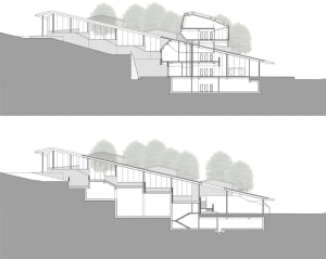 Cross-sectional architectural diagram of a modern residential building, showing interior and exterior details.