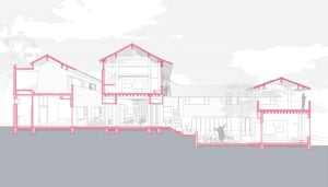 Sectional architectural drawing of a residential home showcasing the structure and layout against a sky background.