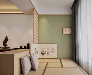 Modern interior living room with bamboo furniture and minimalist decor.