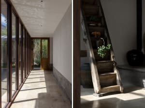 A modern, industrial interior with rustic wooden elements and minimalist design.