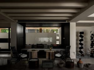 Living room with industrial design featuring dark wood furniture and concrete floor.