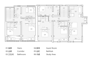 A detailed 2D architectural blueprint of a modern residential floor plan with multiple rooms, including bedrooms, bathrooms, 