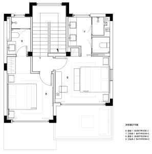 Modern interior design layout with living room, kitchen, bedrooms, and bathrooms