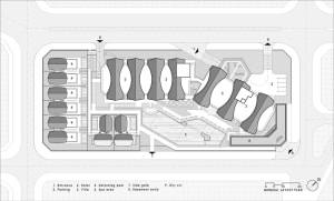 A technical drawing of a modern residential floor plan featuring concrete, glass, and steel materials.