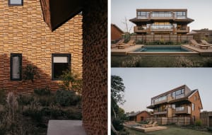 A modern house with a wooden exterior and a pool in the backyard.