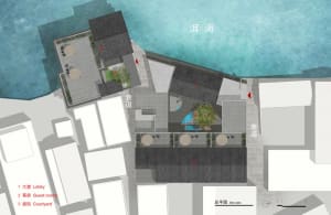 Floor plan of a modern residential design featuring concrete materials and a clean, contemporary layout.
