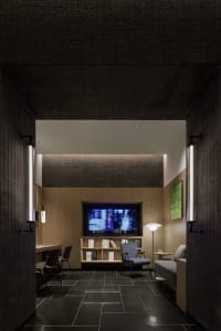 A modern interior design featuring a dark-themed TV room with a wooden accent wall, bookshelves, and a comfortable seating ar