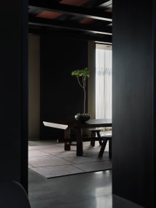 A minimalist dining table setup with wood material and a single potted plant.