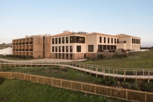 Modern commercial building with wooden frame and greenery
