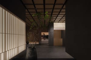 Modern hotel entryway featuring a concrete wall and wooden flooring.