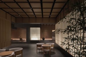 A minimalist restaurant interior with dark wood accents and delicate lighting
