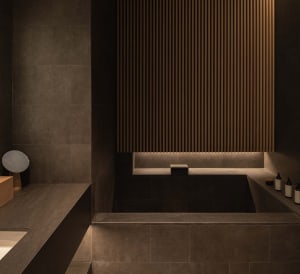 Modern bathroom with concrete tiles and wooden accents.