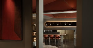 Modern, metallic bar with sleek, minimalist design.