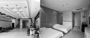 A modern hotel room with glass walls and an air conditioning unit.
