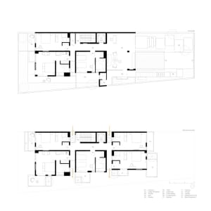 Modern residential floor plan showing apartment layouts with bedrooms, bathrooms, and common areas.