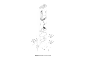 An exploded isometric rendering of a public space, showing various layers and materials in a detailed and abstract manner.