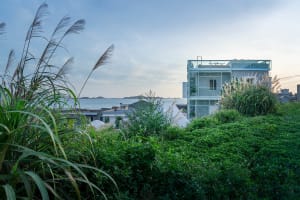 Modern glass house overlooking a coastal landscape
