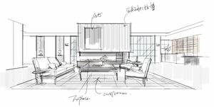 A modern interior design rendering of a living room with white walls, wooden accents, and a large window.
