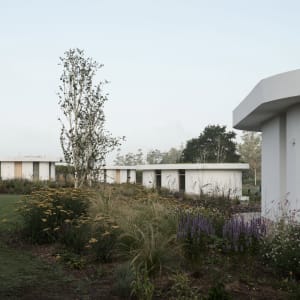 Modern minimalist residential exterior with concrete structures and greenery.